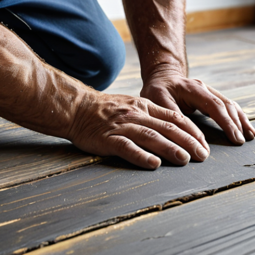 A professional restorer in a modest work uniform, fully clothed, meticulously sanding a section of a desaturated, sun-damaged antique wooden floor in a well-lit studio. The floor shows areas of faded, grayish wood next to a freshly sanded, golden-toned patch. The scene emphasizes craftsmanship and attention to detail. Perfect anatomy, correct proportions, natural pose, well-formed hands, proper finger count, natural body proportions, professional photography, high quality, safe for work, appropriate content, family-friendly.