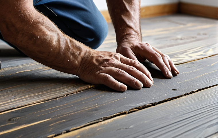 A professional restorer in a modest work uniform, fully clothed, meticulously sanding a section of a desaturated, sun-damaged antique wooden floor in a well-lit studio. The floor shows areas of faded, grayish wood next to a freshly sanded, golden-toned patch. The scene emphasizes craftsmanship and attention to detail. Perfect anatomy, correct proportions, natural pose, well-formed hands, proper finger count, natural body proportions, professional photography, high quality, safe for work, appropriate content, family-friendly.