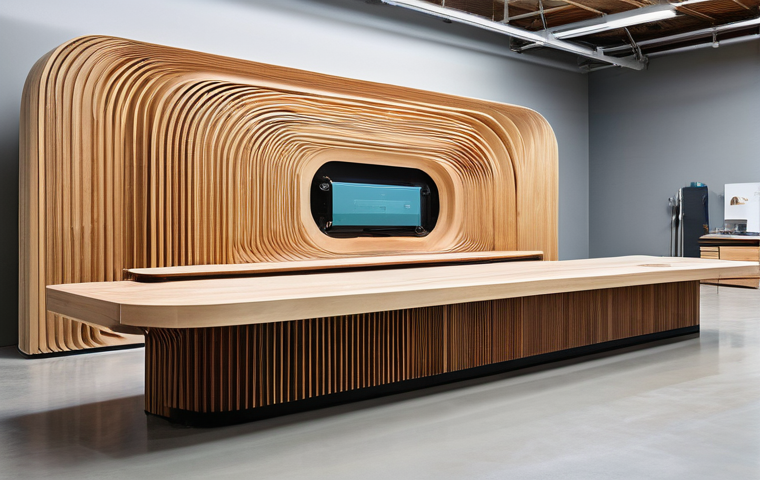 목재 곡면 벤딩 기술 - "A close-up, highly detailed shot of an artisan's skilled hands meticulously bending a piece of stea...