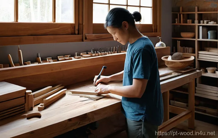 목공예 디자인 아이디어 - **Prompt for Sustainable & Artisanal Home Workshop:**
    "A sunlit, tidy home woodworking workshop,...