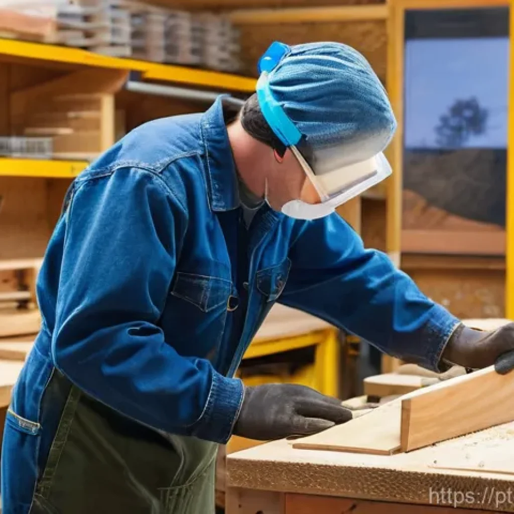 목재 절단 시 안전수칙 - **Prompt:** A focused and diligent woodworker, of indeterminate gender and age (over 18), meticulous...