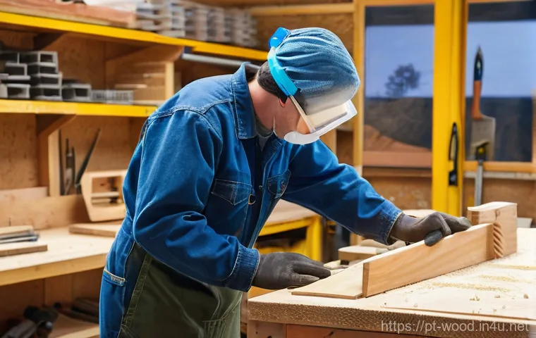 목재 절단 시 안전수칙 - **Prompt:** A focused and diligent woodworker, of indeterminate gender and age (over 18), meticulous...