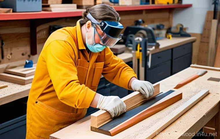 목재 절단 시 안전수칙 - **Prompt:** A focused and diligent woodworker, of indeterminate gender and age (over 18), meticulous...