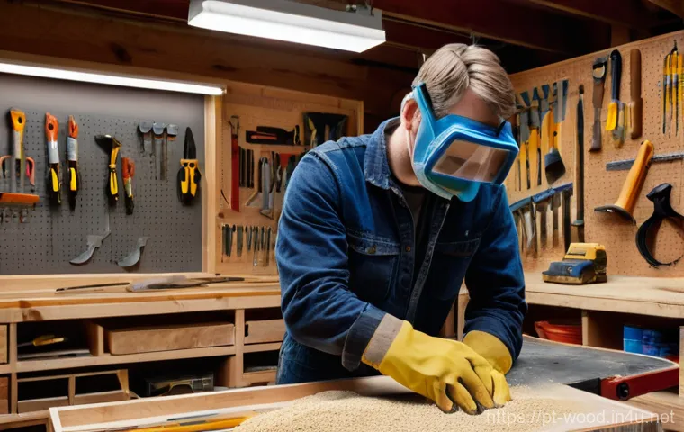 목재 절단 시 안전수칙 - **Prompt:** A skilled woodworker, gender and age not specified (over 18), demonstrating precise and ...