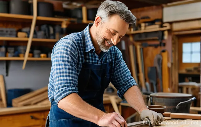 모탈리스 앤 테논 조인트 설명 - **"A close-up, warm, and inviting image of a skilled male woodworker in his late 40s, with a gentle ...