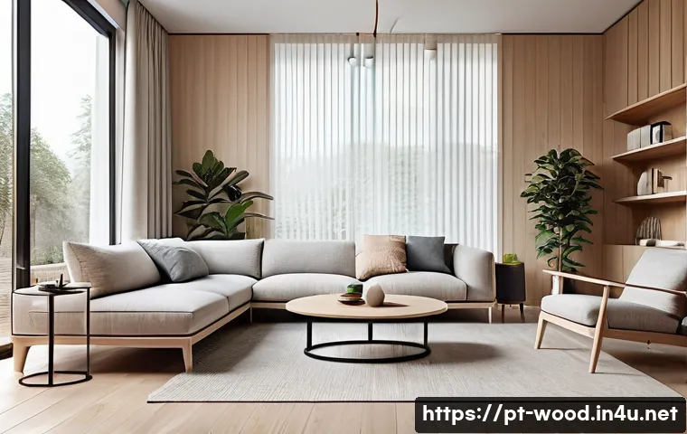 목재 무늬와 패턴 활용법 - A modern Scandinavian living room interior featuring light-colored wood with subtle, linear grain pa...