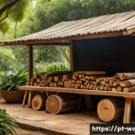 Home 21 목재 건조 방법과 중요성 - A rustic outdoor woodworking scene showcasing natural wood drying: several thick wooden planks stack...