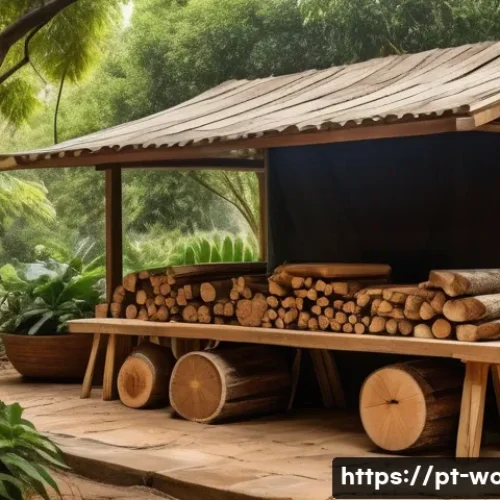 Home 33 목재 건조 방법과 중요성 - A rustic outdoor woodworking scene showcasing natural wood drying: several thick wooden planks stack...
