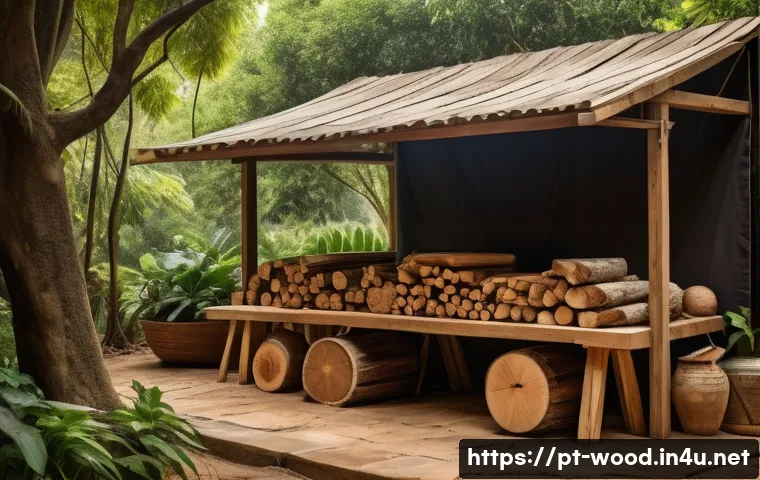 목재 건조 방법과 중요성 - A rustic outdoor woodworking scene showcasing natural wood drying: several thick wooden planks stack...