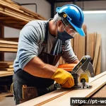 Home 20 목재 재단 서비스 이용 팁 - A detailed workshop scene showing a skilled carpenter measuring and cutting a large plank of Ipê woo...