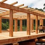 Home 19 가성비 좋은 목재 추천 - A detailed construction site scene in Brazil showcasing structural wooden beams and pillars made fro...
