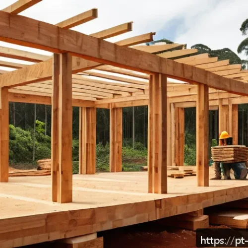 Home 31 가성비 좋은 목재 추천 - A detailed construction site scene in Brazil showcasing structural wooden beams and pillars made fro...