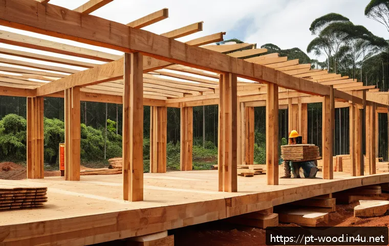 가성비 좋은 목재 추천 - A detailed construction site scene in Brazil showcasing structural wooden beams and pillars made fro...