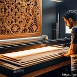 Home 18 목공예 레이저 컷팅 기술 - A skilled Brazilian artisan in a cozy wood workshop, operating a compact laser cutting machine with ...