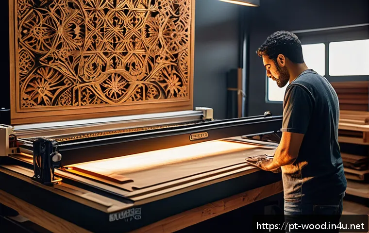 목공예 레이저 컷팅 기술 - A skilled Brazilian artisan in a cozy wood workshop, operating a compact laser cutting machine with ...