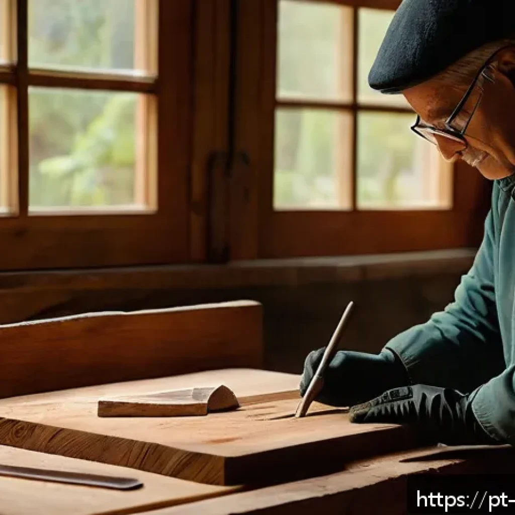 우드 카빙 기초 배우기 - A cozy artisan workshop scene featuring a beginner woodcarver working on a soft pine wood block. The...