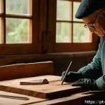 Home 23 우드 카빙 기초 배우기 - A cozy artisan workshop scene featuring a beginner woodcarver working on a soft pine wood block. The...