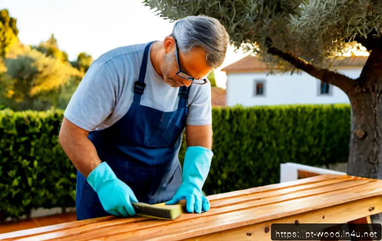 목재 방부 처리 방법 - Photorealistic outdoor DIY wood preservation scene in Portugal, a middle-aged homeowner wearing prot...