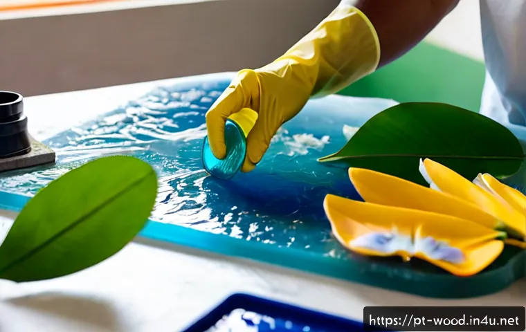 Home 17 에폭시 레진 활용법 - Photorealistic close-up of a Brazilian craftsperson in a bright home studio carefully pouring clear ...